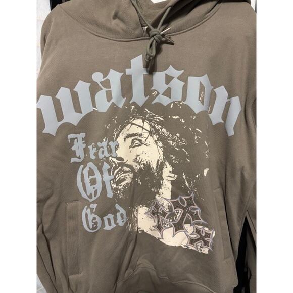 Watson Luxe FOG Fear of God Streetwear Hoodie Large Brown Christ Graphic NWT - Picture 3 of 12